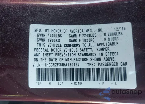 2017 Honda Accord Lx z USA, uszkodzony, nr VIN 1HGCR2F38HA130132